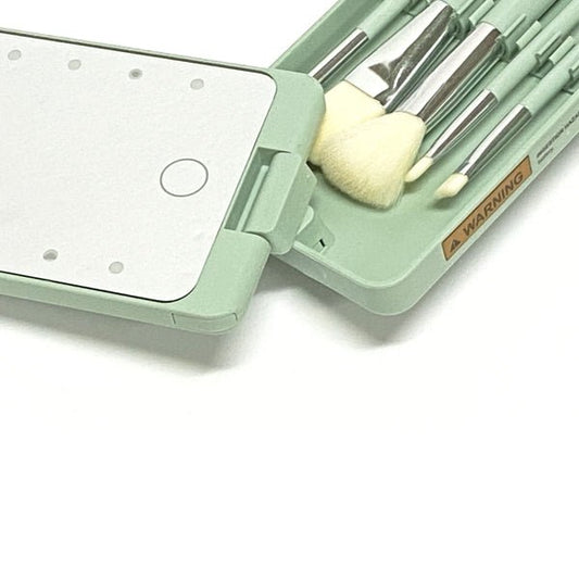Vivitar LED Mirror Case and Cosmetic Eyeshadow Brush Set - Mint Green (6 - Piece Set) Includes 2 Button Cell Batteries - Dollar Fanatic