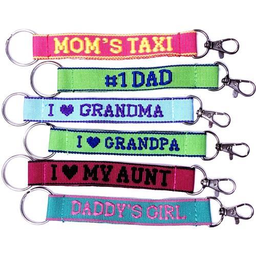 Wholesale Bundle of 100 - Embroidered Novelty Keychains - Nylon Key Strap & Clip (1" x 7.75") Assorted Names & Phrases - Dollar Fanatic