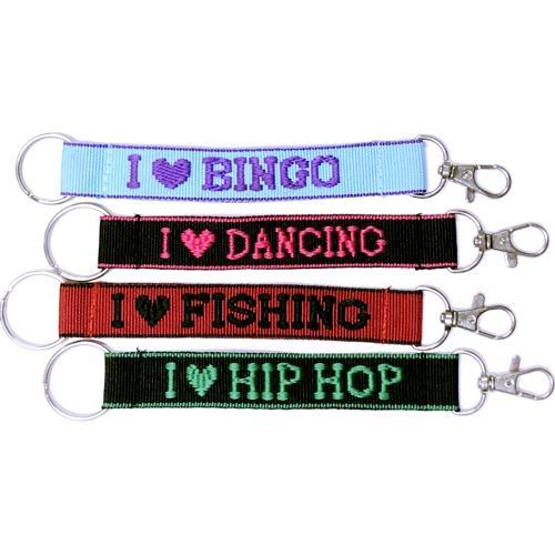 Wholesale Bundle of 100 - Embroidered Novelty Keychains - Nylon Key Strap & Clip (1" x 7.75") Assorted Names & Phrases - Dollar Fanatic
