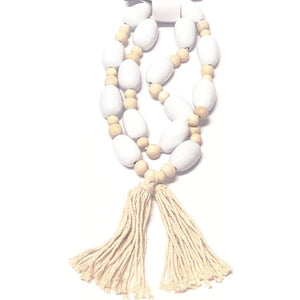 Ankyo Wooded Bead Garland with Tassels - Natural/White (37" Long) - DollarFanatic.com