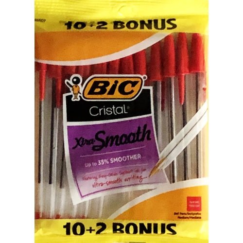 Bic Cristal Xtra Smooth Red Ball Point Ink Pens - Medium (10 + 2 Pack) - DollarFanatic.com