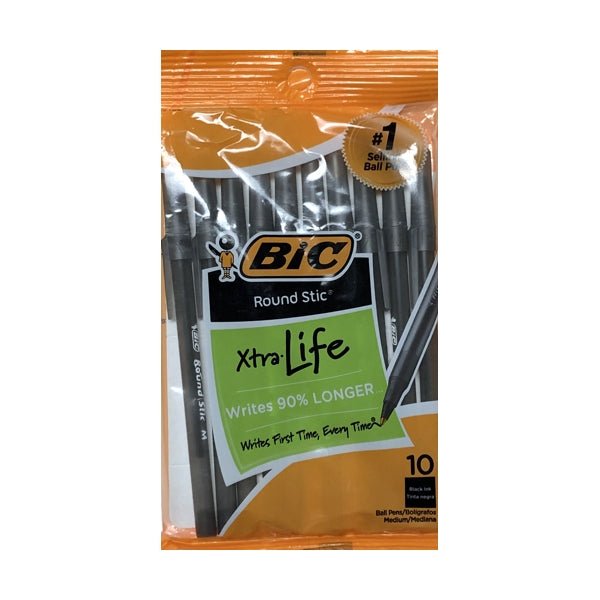 Bic Round Stic Xtra-Life Black Ball Point Ink Pens - Medium (10 Pack) - DollarFanatic.com