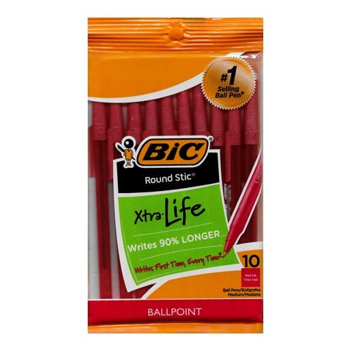Bic Round Stic Xtra-Life Red Ball Point Ink Pens - Medium (10 Pack) - DollarFanatic.com