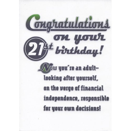 Birthday Greeting Card with Envelope (Congratulations on your 21st birthday!) - DollarFanatic.com