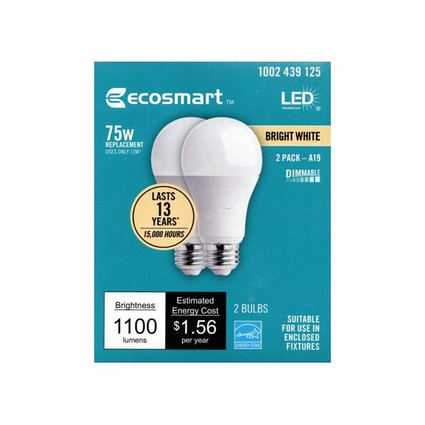 EcoSmart 13 Watt LED Dimmable A19 Light Bulb - Bright White (2 Pack) 75W Replacement using only 13 Watts - DollarFanatic.com