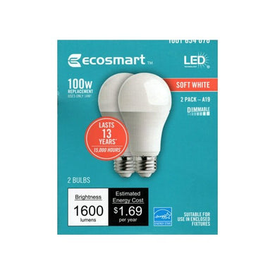 EcoSmart 14 Watt Dimmable Indoor A19 LED Light Bulbs - Soft White (2 Pack) 100W Replacement using Only 14 Watts - DollarFanatic.com