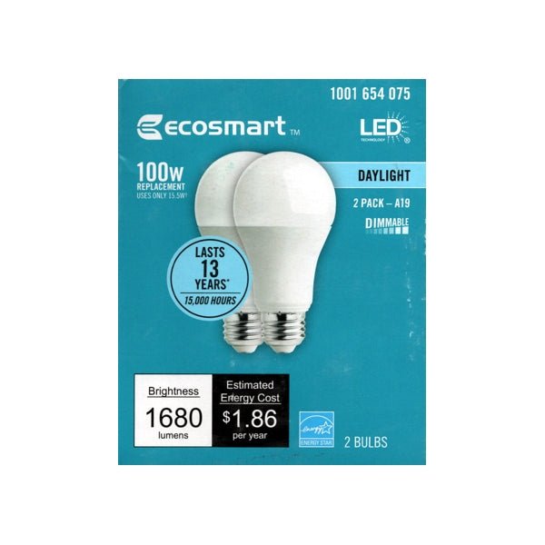 EcoSmart 15.5 Watt Dimmable A19 LED Light Bulbs - Daylight (2 Pack) 100W Replacement using Only 15.5 Watts - DollarFanatic.com