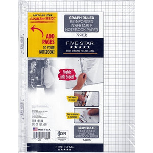 Five Star Graph Ruled 8.5" x 11" Reinforced Insertable Notebook Paper (75 Sheets) - DollarFanatic.com