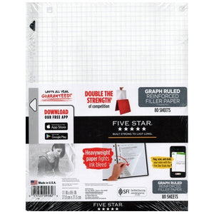 Five Star Graph Ruled Reinforced Notebook Filler Paper - 8.5" x 11" (80 Sheets) - DollarFanatic.com