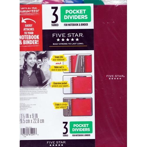 Five Star Plastic Pocket Dividers for Notebook/Binder (3 Tab Pack) - Dollar Fanatic