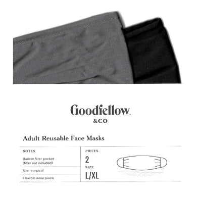Goodfellow Adult Fabric Face Masks with Ear Loops & Filter Pocket Gray/Black - L/XL (2 Pack) Stylish Pleated Design - DollarFanatic.com