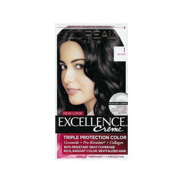 L'Oreal Excellence Creme Triple Protection Color Permanent Hair Color (1 Black) 100% Resistant Gray Coverage - DollarFanatic.com