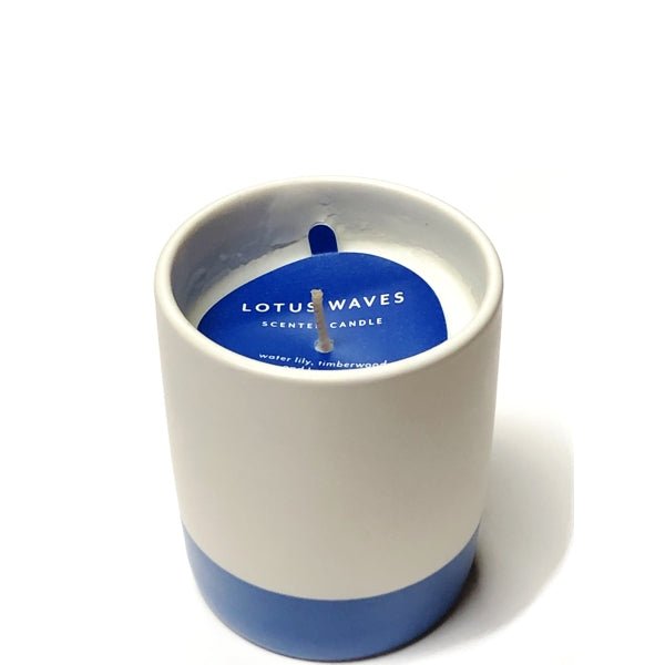 Lotus Waves Scented Candle Glass Jar - Ivory/Blue (Net wt. 7 oz.) Smells like Water Lily, Timberwood & Bergamot - DollarFanatic.com