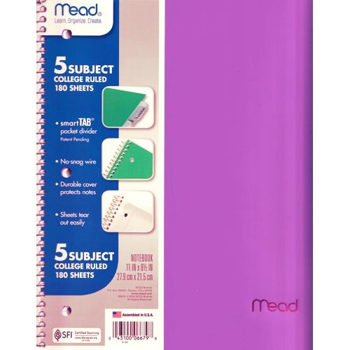 Mead 5-Subject College Ruled 8.5" x 11" Plastic Cover Spiral Notebook (180 Sheets) Colors Vary - DollarFanatic.com