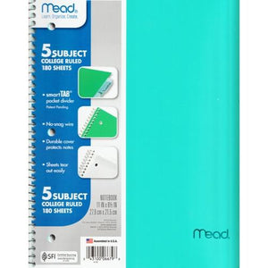 Mead 5-Subject College Ruled 8.5" x 11" Plastic Cover Spiral Notebook (180 Sheets) Colors Vary - DollarFanatic.com
