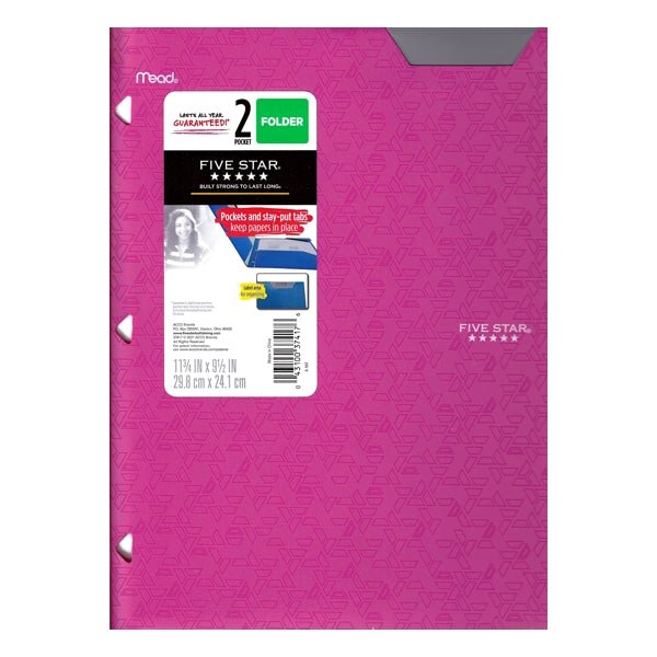 Mead Five Star 2-Pocket Plastic Portfolio Folder with Label Area & Small Pocket (Select Color) - DollarFanatic.com