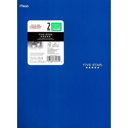 Mead Five Star 2-Pocket Prong Portfolio Folder (Select Color) Durable Cardstock - DollarFanatic.com