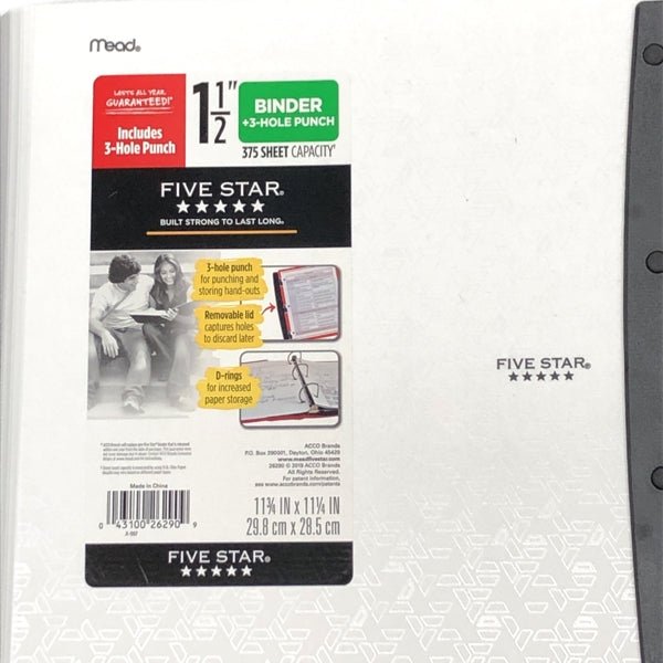 Mead Five Star 3Ring Plastic Notebook Binder with BuiltIn 3Hole
