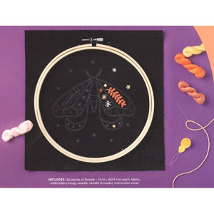 Mondo Llama Floral Moth Embroidery Craft Kit (Includes Threads, Fabric, Embroidery Hoop, Needle, Needle Threader) - DollarFanatic.com
