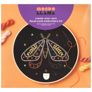 Mondo Llama Floral Moth Embroidery Craft Kit (Includes Threads, Fabric, Embroidery Hoop, Needle, Needle Threader) - DollarFanatic.com