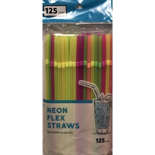 Neon Flexible Straws - Assorted Colors (125 Count) - DollarFanatic.com