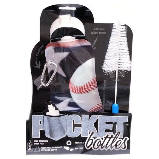 Pocket Bottles Water Bottle with Carabiner Clip & Cleaning Brush - Baseball (16.9 fl. oz.) Foldable, Reusable, BPA Free - DollarFanatic.com