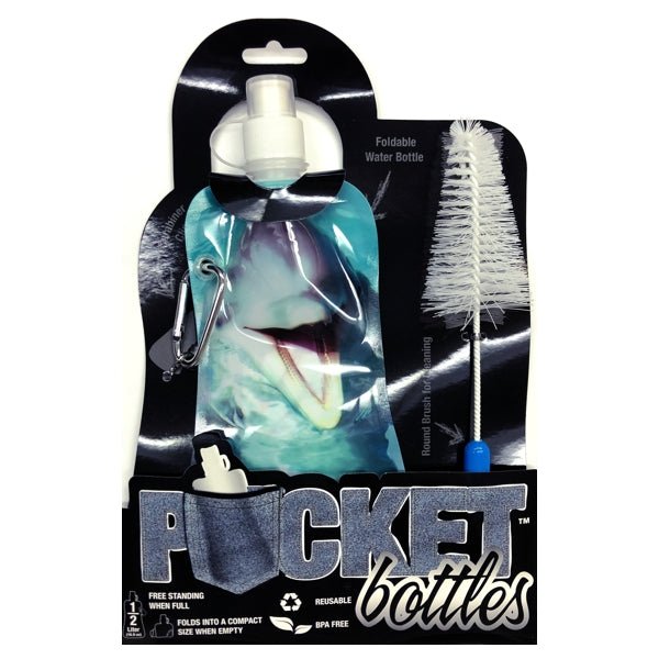 Pocket Bottles Water Bottle with Carabiner Clip & Cleaning Brush - Dolphin (16.9 fl. oz.) Foldable, Reusable, BPA Free - DollarFanatic.com