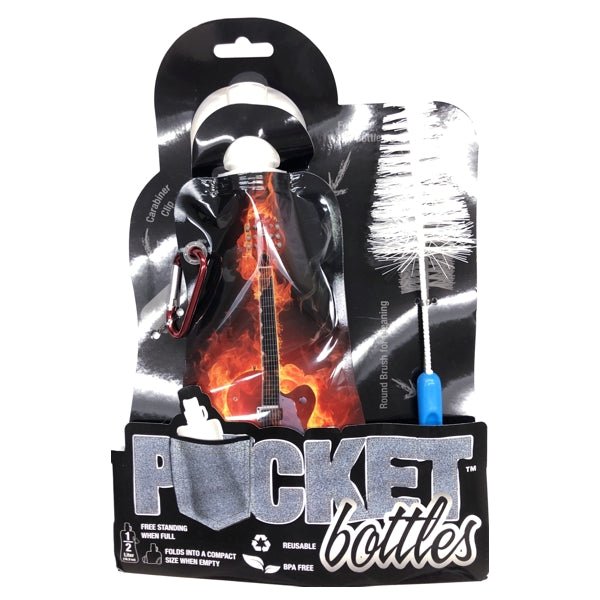 Pocket Bottles Water Bottle with Carabiner Clip & Cleaning Brush - Flaming Guitar (16.9 fl. oz.) Foldable, Reusable, BPA Free - DollarFanatic.com