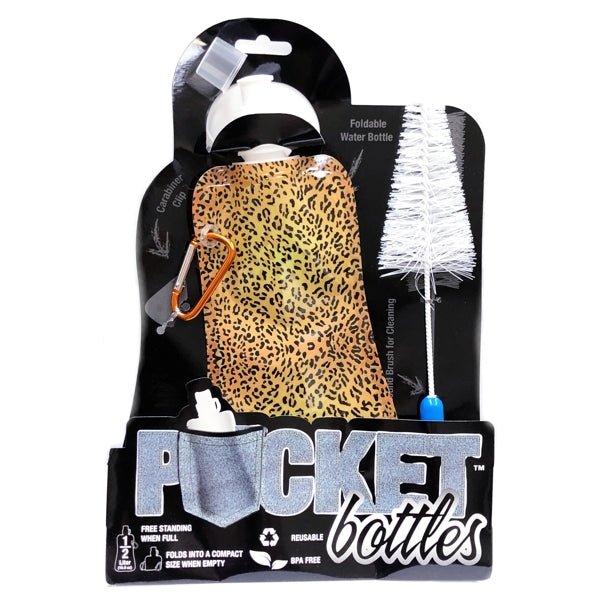 Pocket Bottles Water Bottle with Carabiner Clip & Cleaning Brush - Leopard Print (16.9 fl. oz.) Foldable, Reusable, BPA Free - DollarFanatic.com