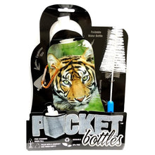 Pocket Bottles Water Bottle with Carabiner Clip & Cleaning Brush - Tiger (16.9 fl. oz.) Foldable, Reusable, BPA Free - DollarFanatic.com