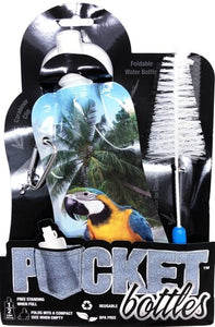 Pocket Bottles Water Bottle with Carabiner Clip & Cleaning Brush - Tropical Parrot (16.9 fl. oz.) Foldable, Reusable, BPA Free - DollarFanatic.com