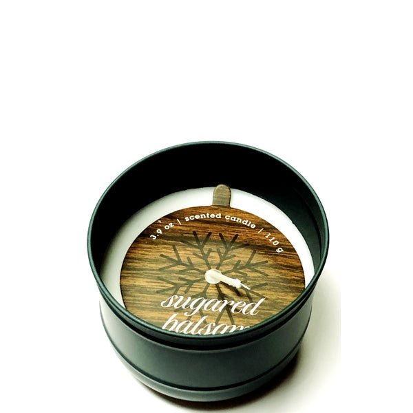 Sugared Balsam Scented Candle - Green Metal Tin (Net wt. 3.9 oz.) Smells like Sweet blend of balsam fir, pine cones, and spring bulbs - DollarFanatic.com