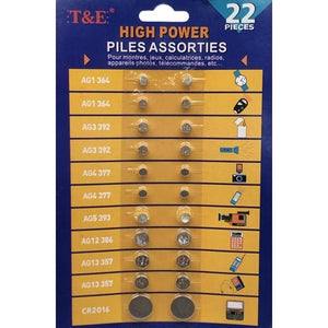 T & E High Power Assorted Button Batteries (22 Pack) For Watches, Calculators, Cameras, Toys - DollarFanatic.com