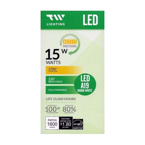 TW Lighting 15 Watt LED Fully Dimmable A19 Light Bulb - Warm White (1 Pack) 100W Equiv. - DollarFanatic.com