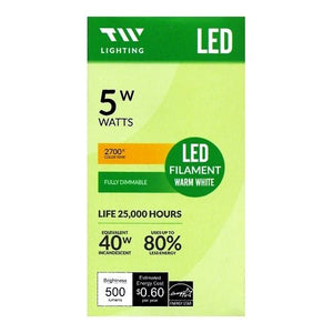 TW Lighting 5 Watt Dimmable LED Filament Light Bulb - Warm White (40W Equiv.) - DollarFanatic.com
