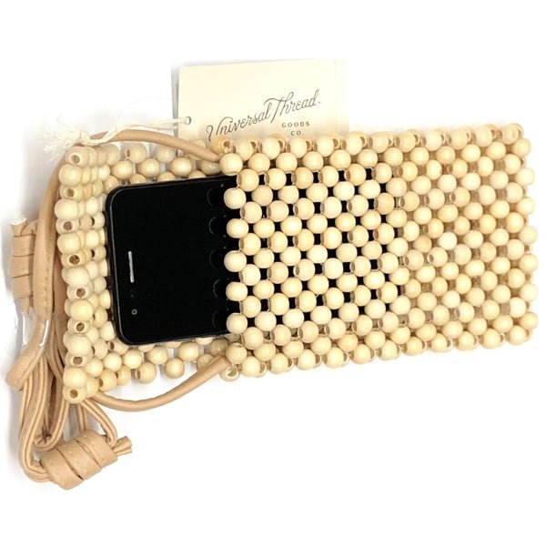 Universal Thread Cell Phone Wood Bead Crossbody Mini Purse - Natural/Cream (7.25" x 4") Faux Leather Crossbody Strap - DollarFanatic.com